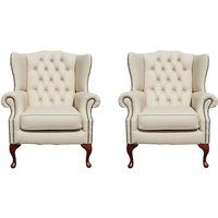 Chesterfield 2 x Wing Chair Ivory Leather Bespoke In Mallory Style