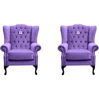 Chesterfield 2 x Wing Chairs Verity Purple Fabric Bespoke In Mallory Style
